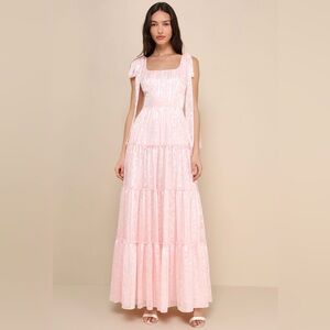 NWT Lulus Maxi Pink Jacquard Tiered Tie Strap Dress